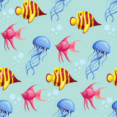 Naklejka premium Seamless texture with sea animals. Cartoon underwater. Vector illustration