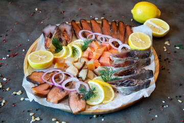 Delicious food on a grey table