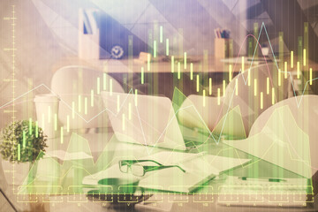 Multi exposure of stock market chart drawing and office interior background. Concept of financial analysis.