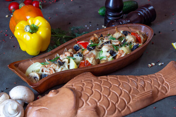 Delicious food on a grey table