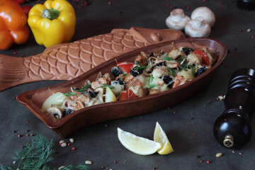 Delicious food on a grey table