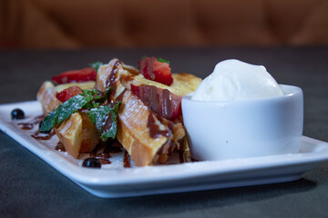 Delicious food on a grey table