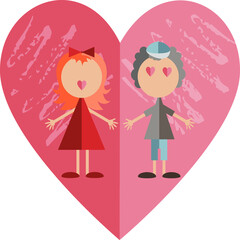 Boys and girls funny vector illustration with a shadow on a pink heart for a postcard.