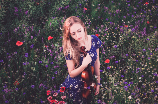 A Young Blonde European Thin Girl Stands In The Midst Of Very Tall Purple And Poppy Plant Hugs Herself With Her Eyes Closed Holding A Violin.Women's Blue Short Skin-tight Dress With White Daisy Print