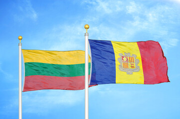 Lithuania and Andorra two flags on flagpoles and blue sky