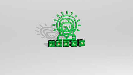 3D representation of jesus with icon on the wall and text arranged by metallic cubic letters on a mirror floor for concept meaning and slideshow presentation. christ and church