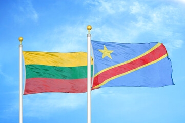 Lithuania and Congo Democratic Republic two flags on flagpoles and blue sky