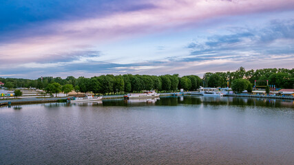 Obraz premium Boat in port of Gizycko, Masuria, Poland.