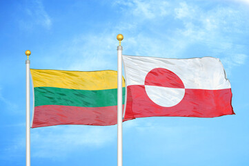 Fototapeta na wymiar Lithuania and Greenland two flags on flagpoles and blue sky