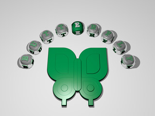 3D illustration of butterfly graphics and text around the icon made by metallic dice letters for the related meanings of the concept and presentations. background and beautiful