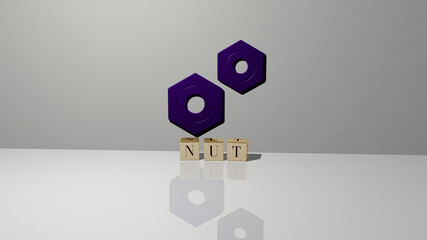 3D representation of nut with icon on the wall and text arranged by metallic cubic letters on a mirror floor for concept meaning and slideshow presentation. background and food