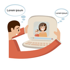 A man having a video call with his family. Vector illustration. Flat style. You can add your text in speaking bubbles.