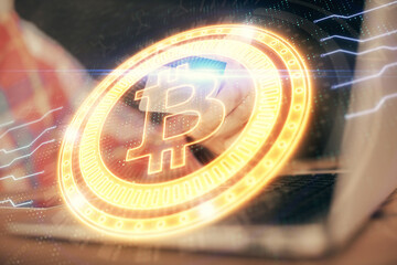 Double exposure of man hands holding a credit card and crypto business theme drawing. Digital blockchain and E-commerce concept.