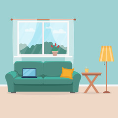 Living room with a window, comfortable green sofa, pillow, laptop, plant on the windowsill, lamp, table, cup of coffee. Vector illustration in flat style