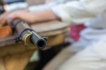 trunk of an old weapon of a musket, reconstruction of the Russian-Turkish war of 1877-1878