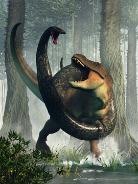 A tyrannosaurus rex has wandered into a swamp and found himself at odds with the largest snake ever known to exist: titanoboa