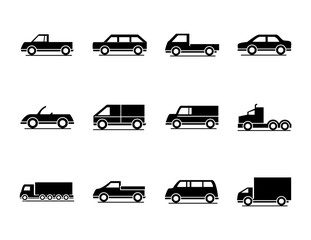 car model truck container pickup container transport vehicle silhouette style icons set design