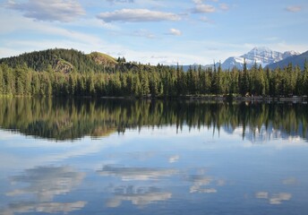 reflection of trees and mountains in lake