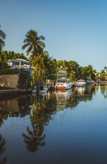 Fototapeta na wymiar tropical resort in miami florida coconut grove reflection boats lake water palms nature vacation 
