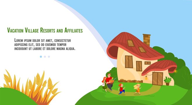 People in village vacation flat vector illustration. Cartoon happy villager family characters have fun, rest near cute village house on green grass hill, fantasy rural countryside landscape banner