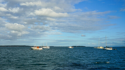 Obraz premium Yachts moored in the bay, beneath a beautiful blue cloudy sky. Coochiemudlo Island, Queensland, Australia.