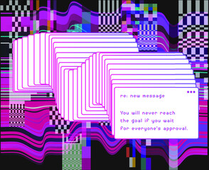 Obraz premium Modern collage with glitched window frame on pixelated computer screen. Datamoshing visual effect, aesthetics of cyberpunk.