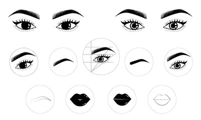 Permanent makeup icons set storys, eyes, lash, lips, brows