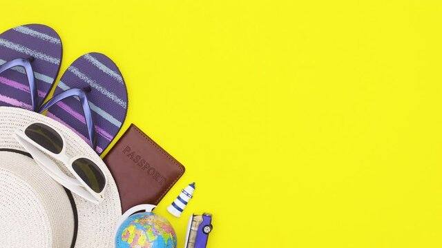 travel vacation accessories appear on yellow theme. Stop motion 