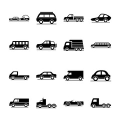 car model mini truck campervan transport vehicle silhouette style icons set design