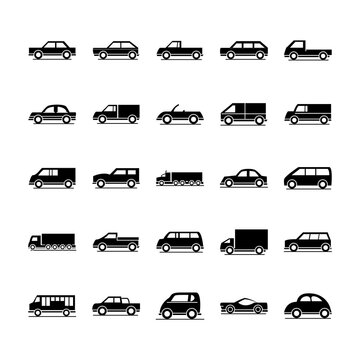car model sedan compact mini truck transport vehicle silhouette style icons set design
