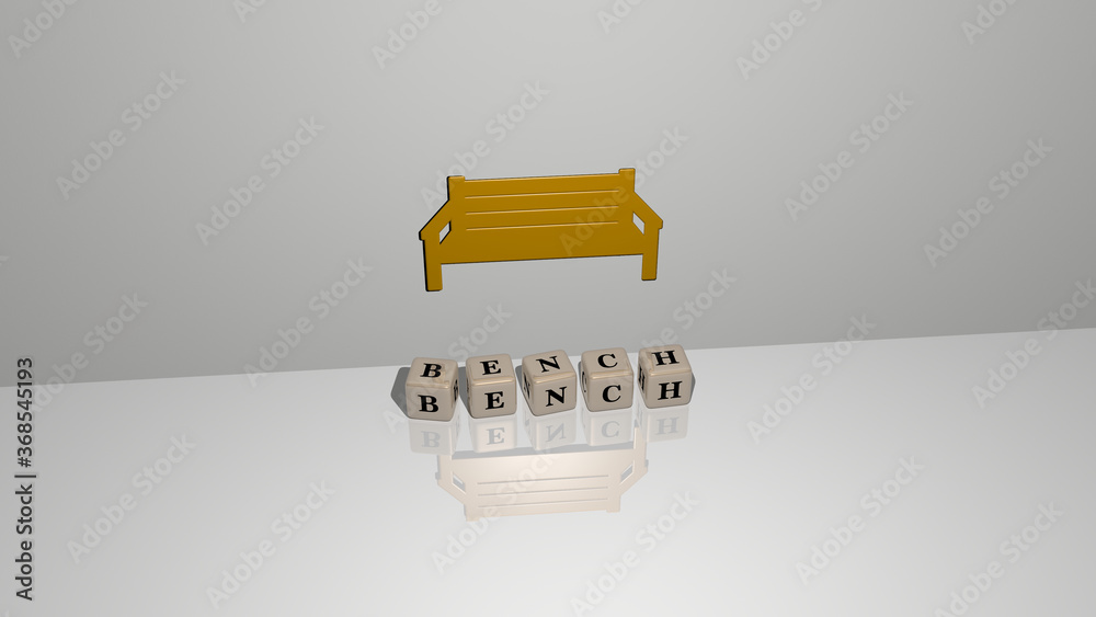 Poster 3d representation of bench with icon on the wall and text arranged by metallic cubic letters on a mi