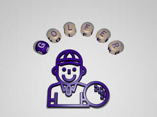 3D graphical image of GOLFER vertically along with text built around the icon by metallic cubic letters from the top perspective, excellent for the concept presentation and slideshows. club and ball
