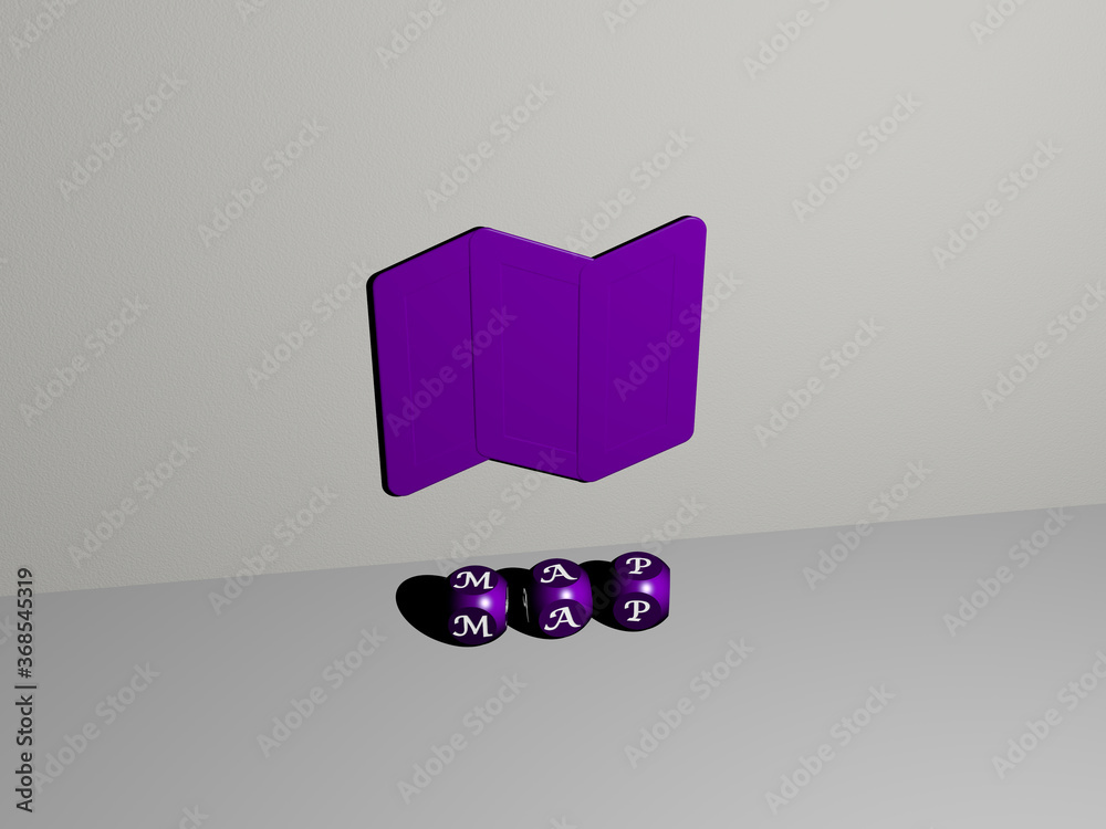Poster 3d representation of map with icon on the wall and text arranged by metallic cubic letters on a mirr