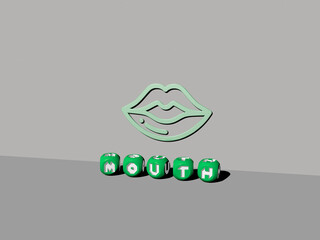 3D representation of MOUTH with icon on the wall and text arranged by metallic cubic letters on a mirror floor for concept meaning and slideshow presentation. background and illustration