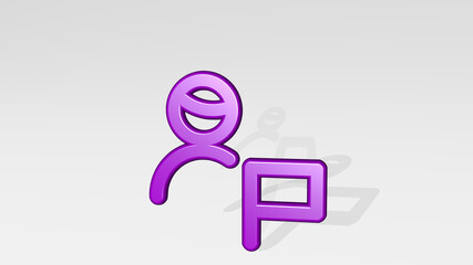 single man actions flag stand with shadow. 3D illustration of metallic sculpture over a white background with mild texture. icon and isolated