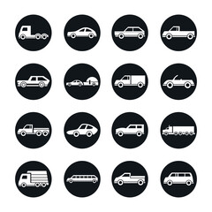 car model delivery truck passenger public transport vehicle silhouette style icons set design