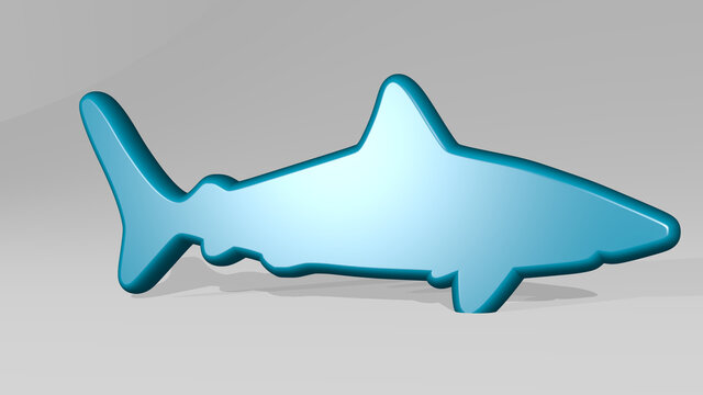 SHARK made by 3D illustration of a shiny metallic sculpture with the shadow on light background. animal and fish