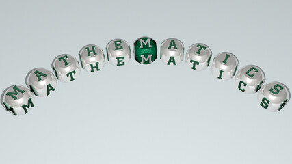 MATHEMATICS combined by dice letters and color crossing for the related meanings of the concept. illustration and background