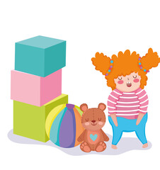Obraz premium toys object for small kids to play cartoon, little girl with bear ball and huge blocks