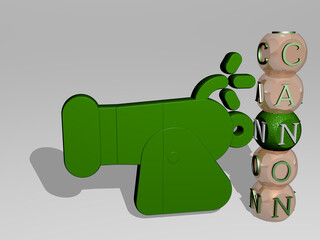 3D illustration of CANON graphics and text around the icon made by metallic dice letters for the related meanings of the concept and presentations. background and editorial