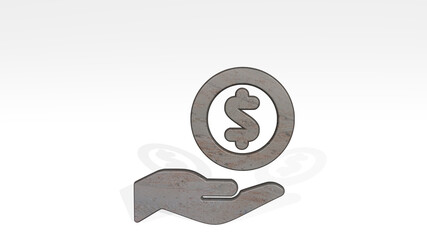 cash payment coin casting shadow with two lights. 3D illustration of metallic sculpture over a white background with mild texture. business and money