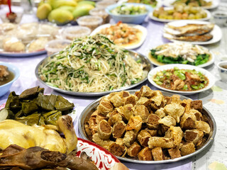 Chinese Ghost Festival. Sacrificial offering food for pray to god and memorial to ancestor