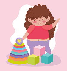 toys object for small kids to play cartoon, little girl with cubes and pyramid