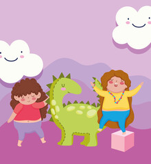 Obraz na płótnie Canvas toys object for small kids to play cartoon, happy girls with dinosaur and cube
