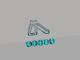 3D representation of slide with icon on the wall and text arranged by metallic cubic letters on a mirror floor for concept meaning and slideshow presentation. illustration and background
