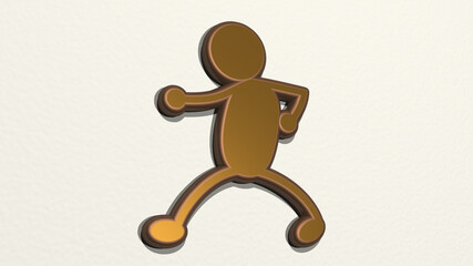 ANT MAN DANCING on the wall. 3D illustration of metallic sculpture over a white background with mild texture. animal and ants