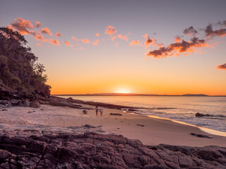 Golden Afternoon Noosa Seascape with Couple Walking on Beach