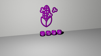 3D graphical image of CORN vertically along with text built by metallic cubic letters from the top perspective, excellent for the concept presentation and slideshows. background and agriculture