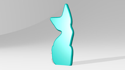cat stand with shadow. 3D illustration of metallic sculpture over a white background with mild texture. animal and cute
