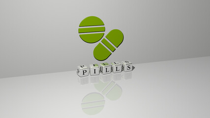3D graphical image of pills vertically along with text built by metallic cubic letters from the top perspective, excellent for the concept presentation and slideshows. background and medicine